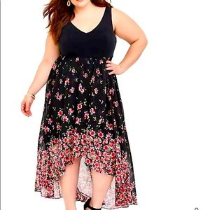 Torrid Black Floral Knit to Woven Hi Lo Dress.  Size 3X